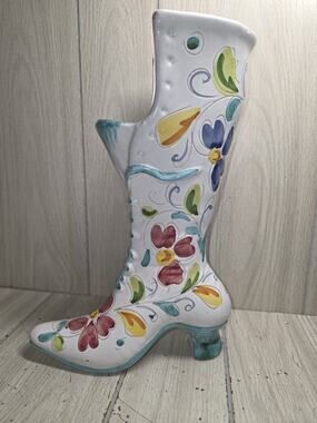 Vintage Victorian High Heel Boot Vase/Planter Ceramic Italy Floral Heritage 13"